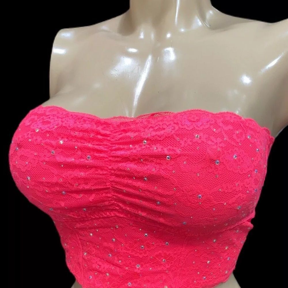 Victorias Secret Pink Bling Stones Strapless Ruched Lace Bralette bra neon coral